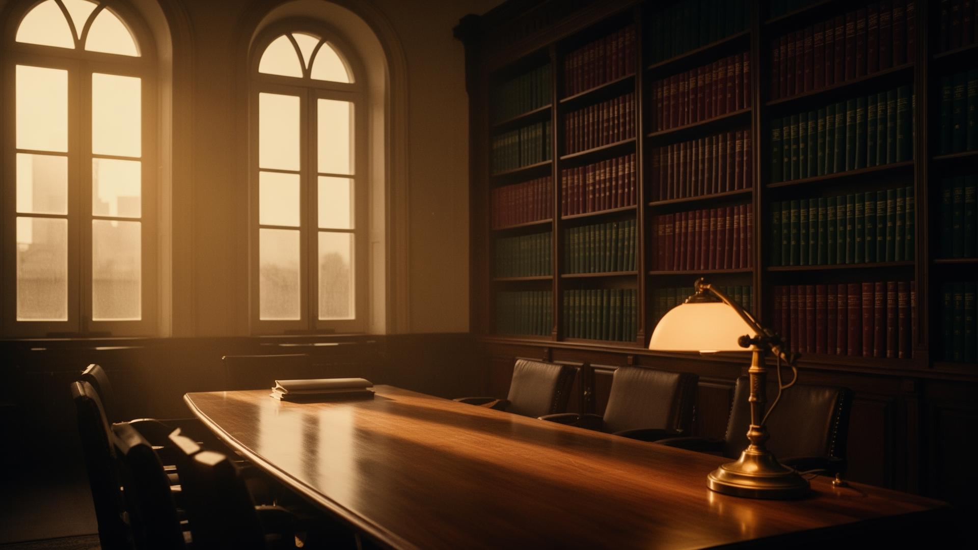 Sala de reunião de um escritório de advocacia com estantes de livros jurídicos ao entardecer